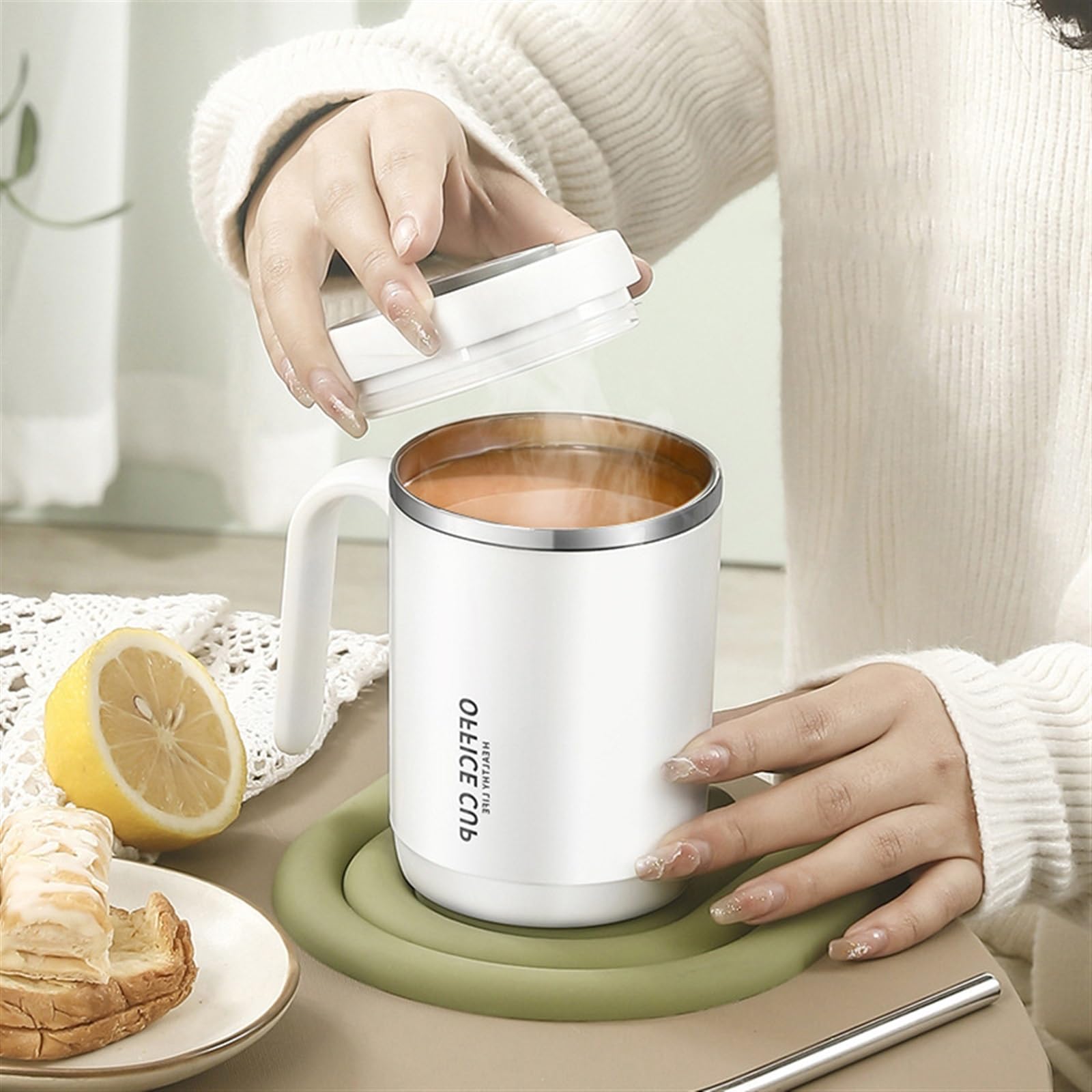 Kaffeebecher Kaffeetasse mit Griff und Deckel, isolierte Teetasse aus Edelstahl, 500 ml, wiederverwendbar, for Schule, Reisen, Büro Kaffeetasse (Color : Grijs)