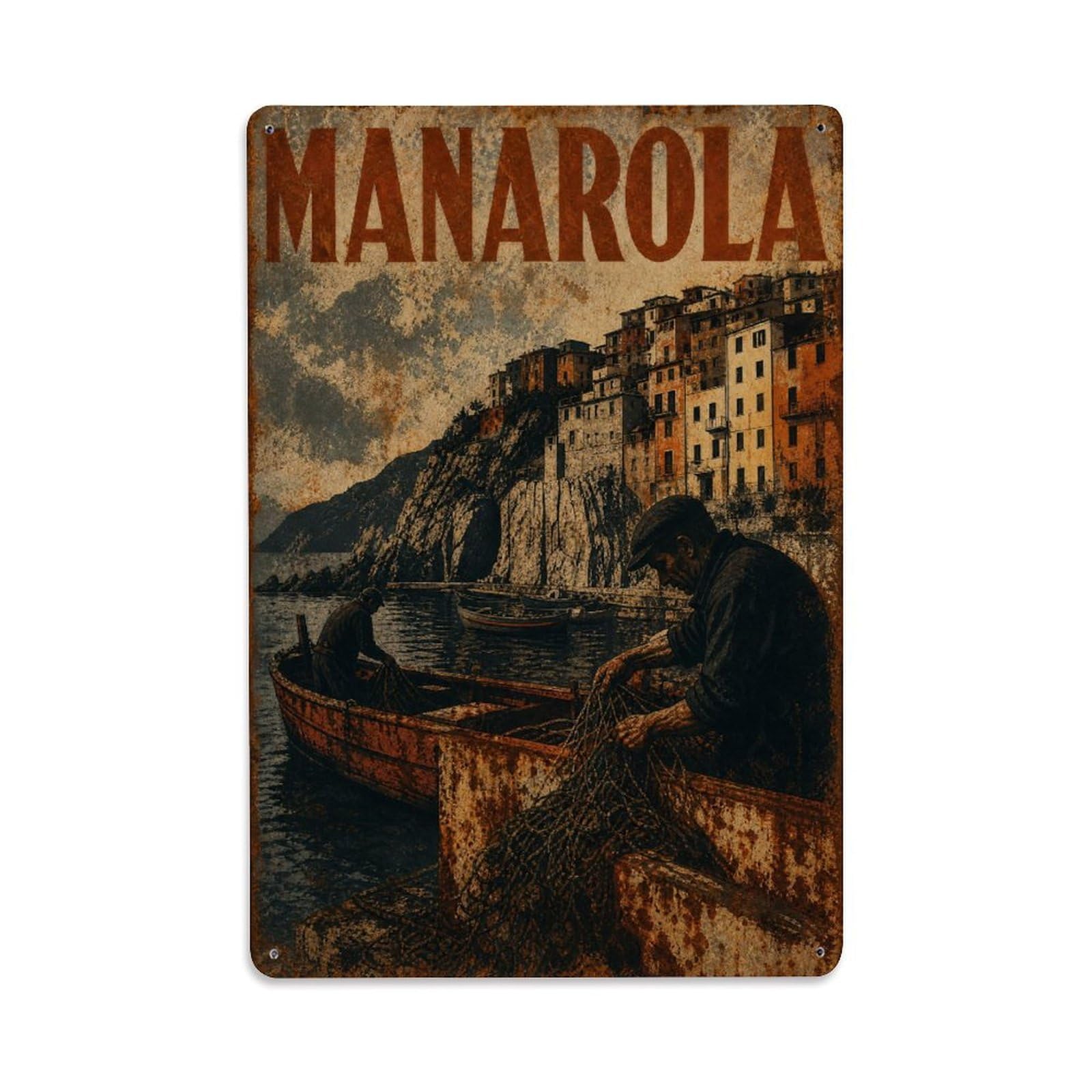 Huiyhb 8X12inch(20X30cm) Vintage Travel Manarola Harbor Life Fishing Community Italy Metal Tin Sign