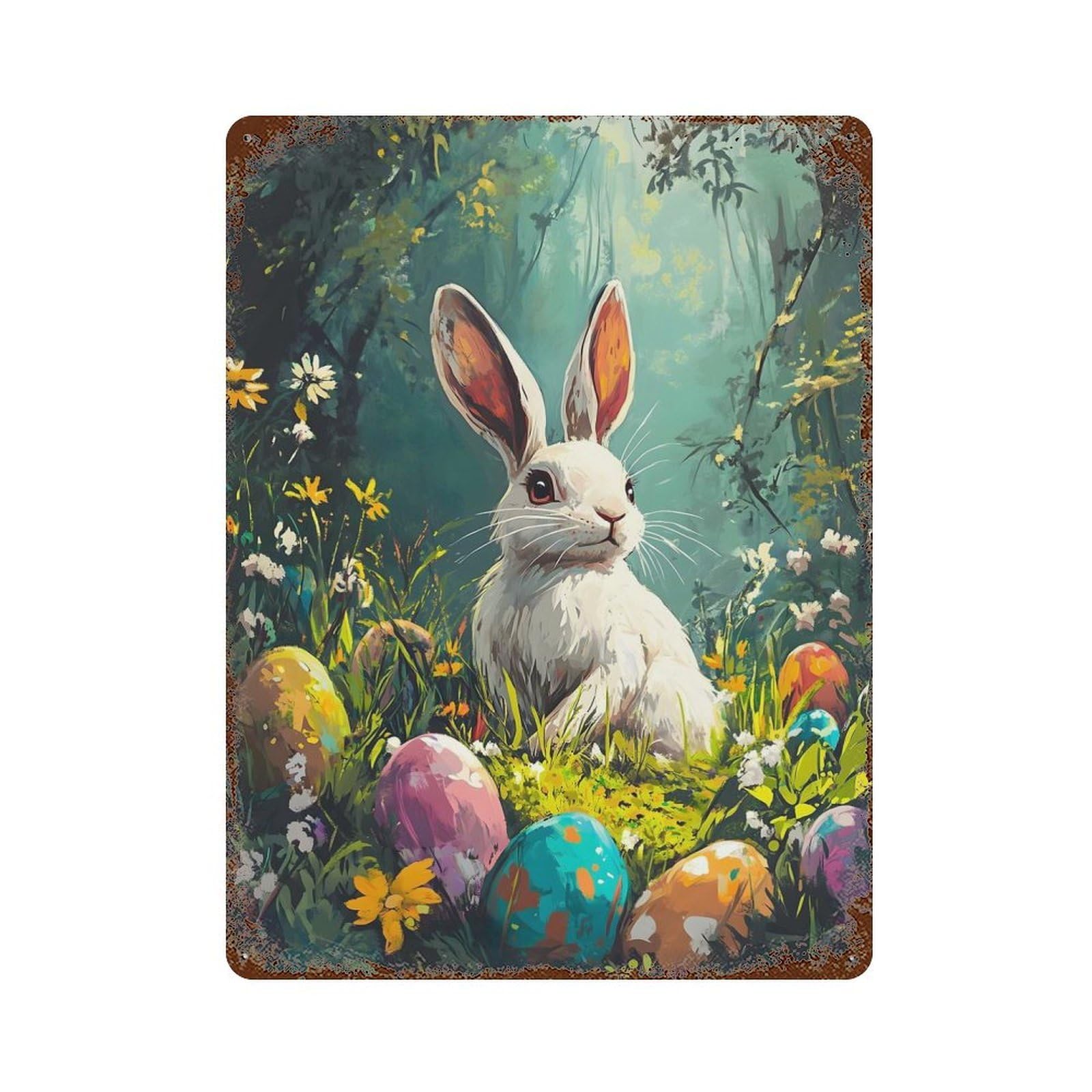 Rust Effect Easter Bunny Egg Painting Distressed Metal Wall Sign 15.7"x11.8", Farmhouse Wall Decor for Office, Studio And Wall Decor