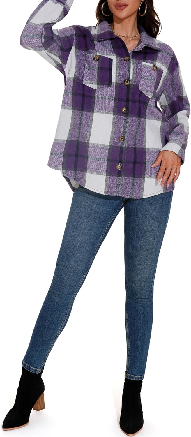 GUANYY Womens Flannel Shirts Button Down Plaid Shacket Long Sleeve Collared Business Casual Work Tops - Image 9