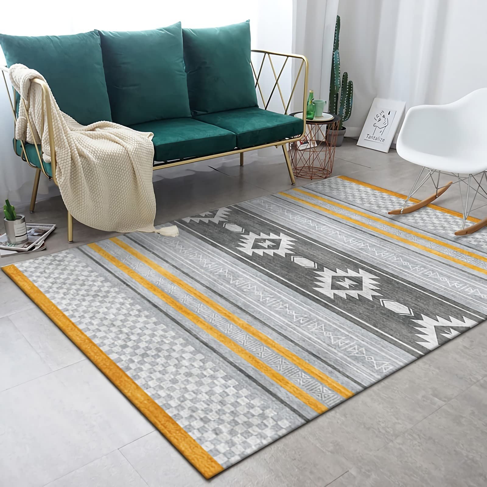 Tapis Chambre ado Tapis Tapis antidérapant Motif à Carreaux géométrique de Style Encre Gris Jaune Decoration Chambre Moderne 60x90cm