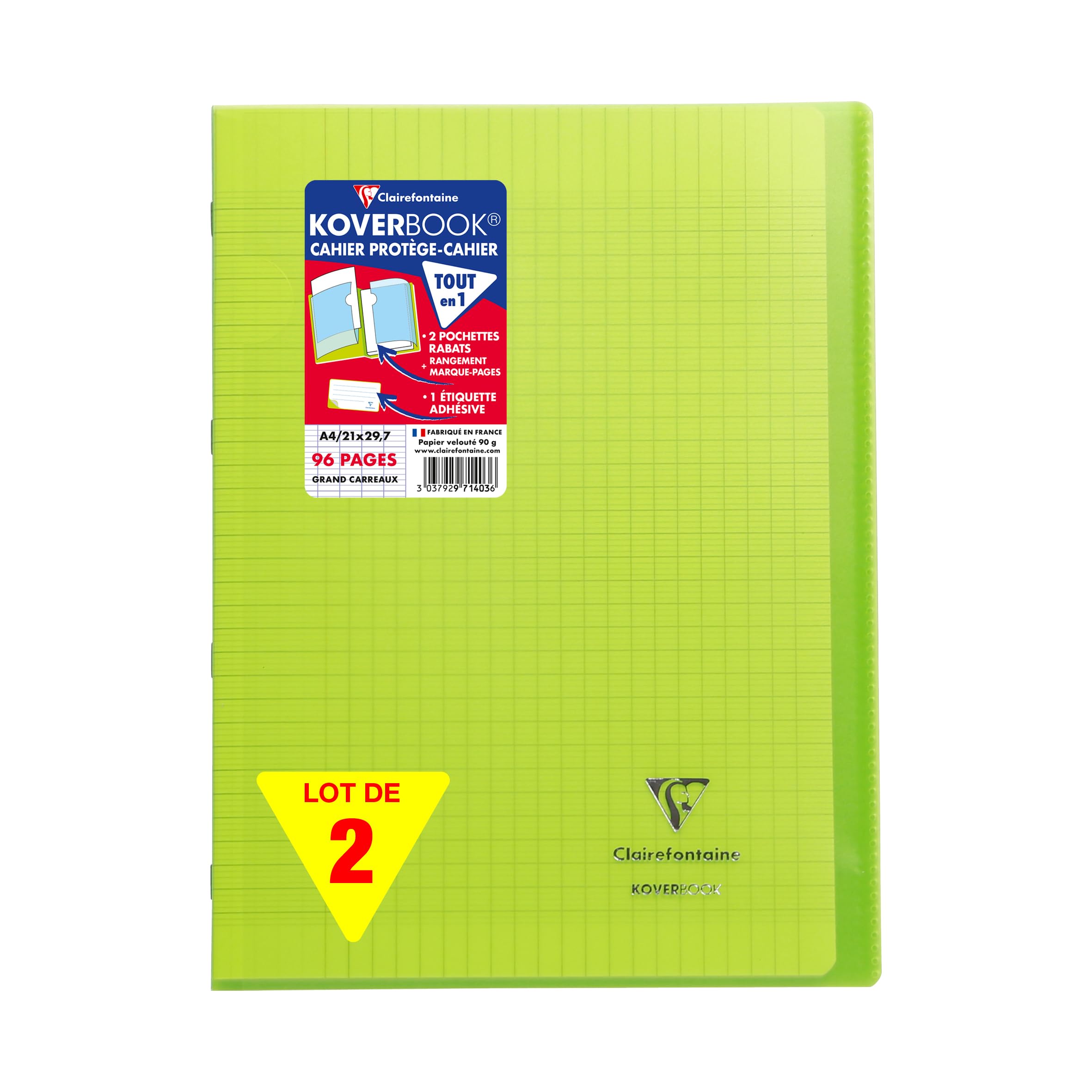 Clairefontaine 971403AMZC - Set of 2 Green Koverbook Stapled Notebooks - Dimensions: A4 21x29.7 cm - 96 Seyes Ruled Pages - White Paper 90 g - Polypro Cover