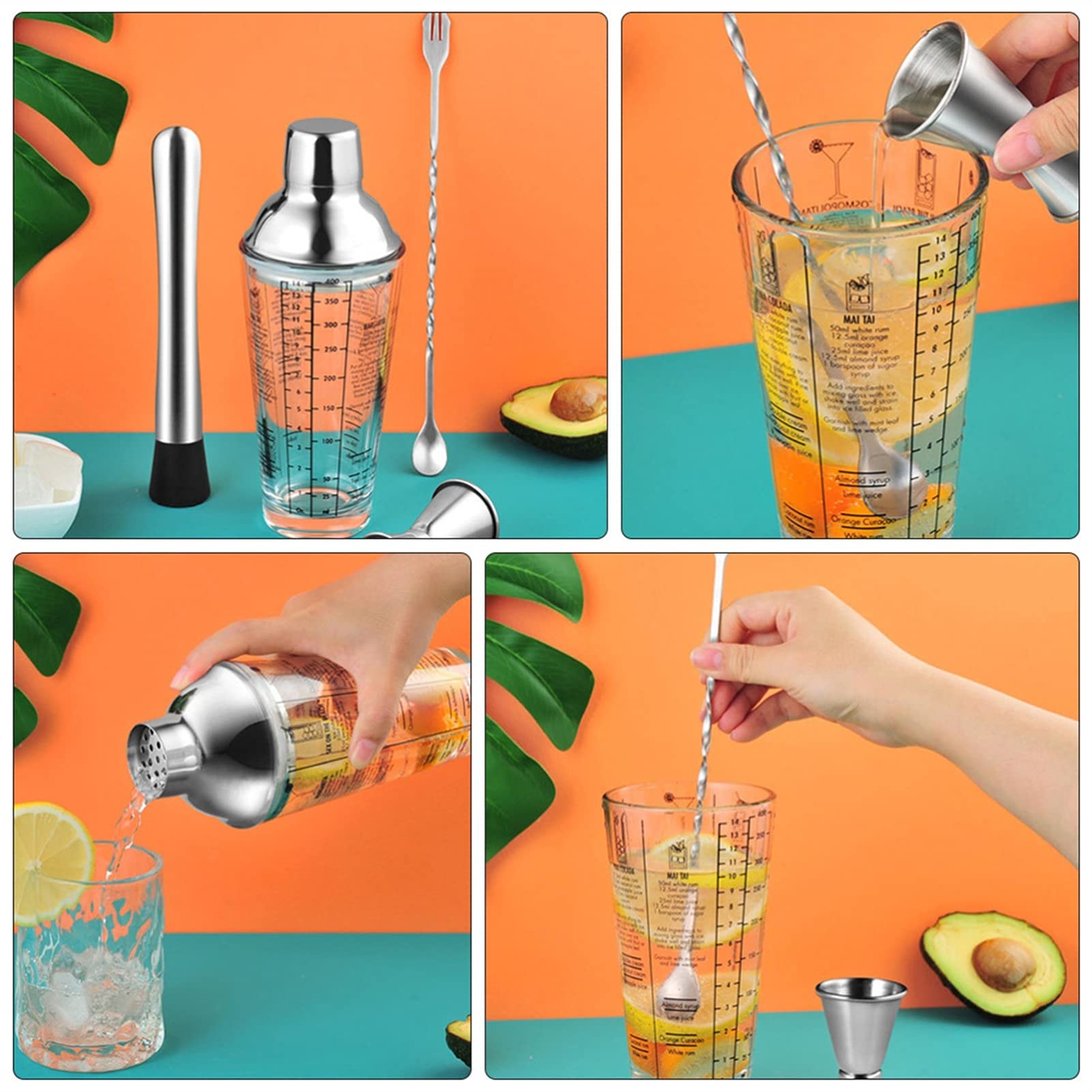 Juego de Coctelera 4pcs Professional Cocktail Shaker Set Steel Cocktail Shakers Shakers Supplies Supplies Mejor Bartender Kit para Principiantes Agitador de Cócteles