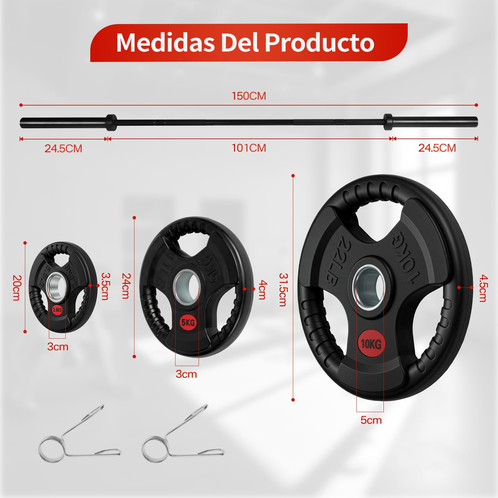 ALLINLIFE Barra Olímpica Ø50mm Recta de 1.5m, 1.8m y 2.2m Compatibles con Discos de Ø50mm - Barra de Halterofilia para Gimnasio con Cierres de Resorte