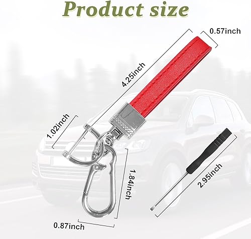 Miniatura 2 de Llavero de cuero de microfibra para automóvil, giratorio de 360 grados, con anillo en D antipérdida, llavero y destornillador (rojo y plateado)