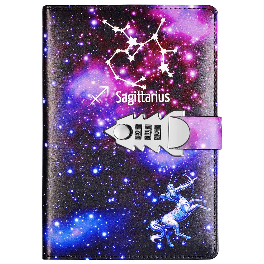 Leather Daily Secret Diary with Combination Lock Travel Journals Notebook for Boys and Girls, Twelve Constellations TPN145 (Sagittarius)