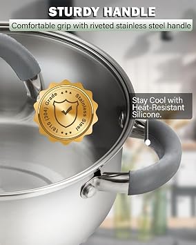 Cook N Home Basics Stainless Steel Cookware Sets, Pots and Pans Set with Stay-Cool Handle, Induction Compatible, Dishwasher and Oven Safe, 12-Piece