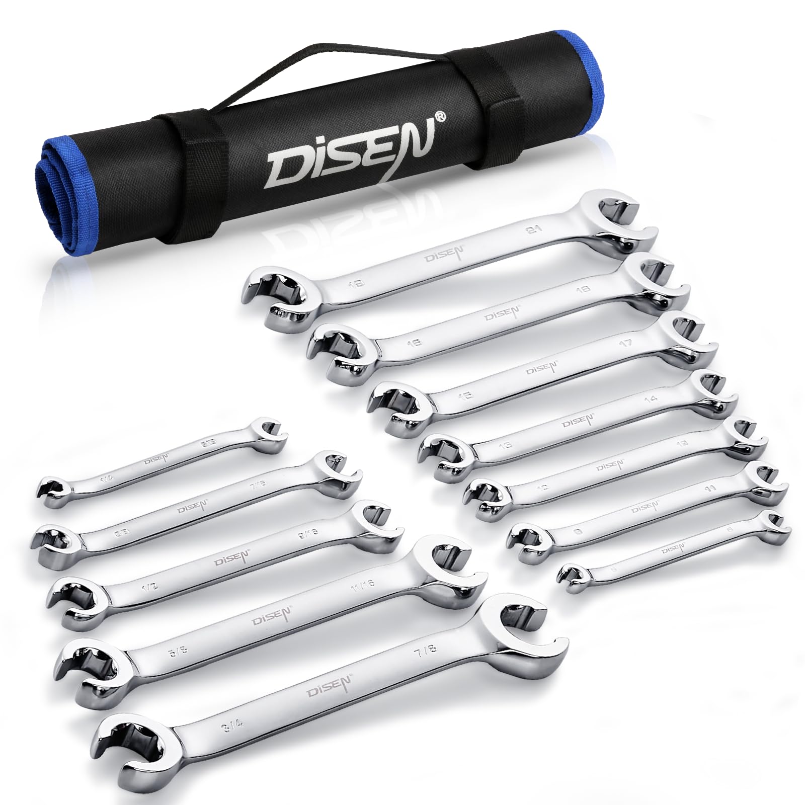 DISEN Flare Nut Wrench Set Metric and SAE 12-Piece Inch1/4 to 7/8