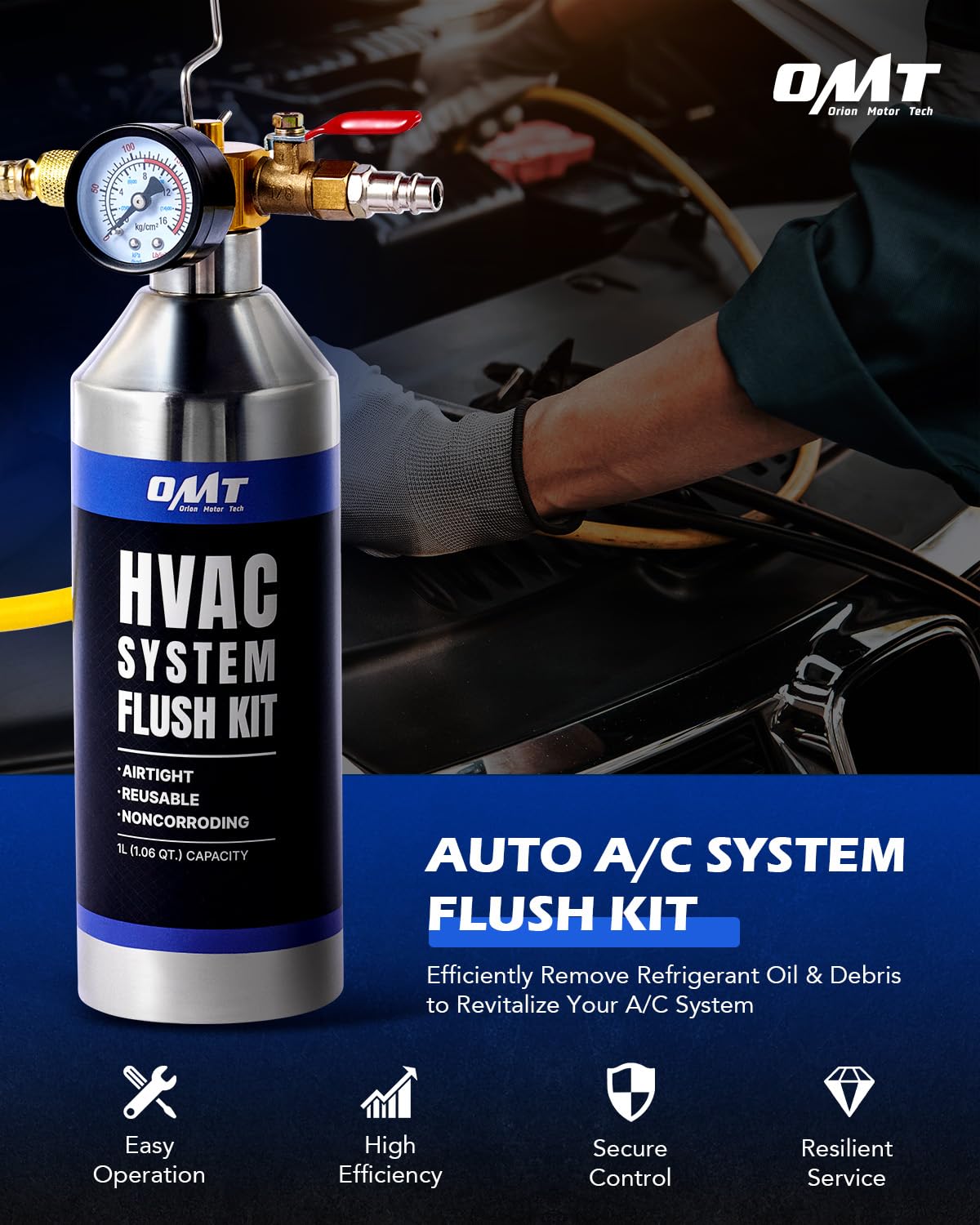 Orion Motor Tech AC Flush Kit, HVAC Flush Tool Kit with 33.5 oz. Stainless Steel Tank, Auto Air Conditioner System Flushing Set for R134a R12 R22 R410a R404a with 1/4 in. Adapter 3.3 ft. Nylon Hose