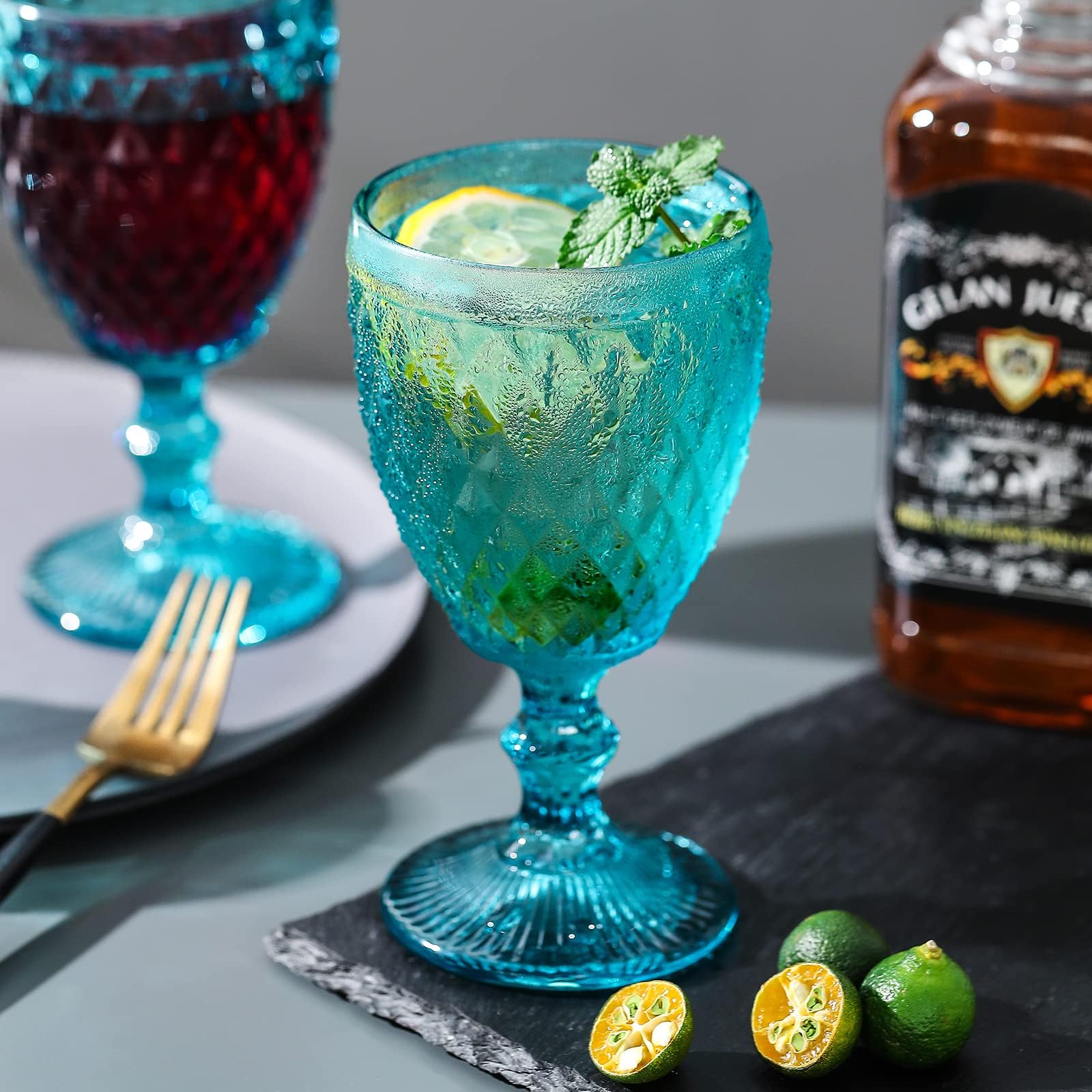 Argyle ollection Wine Glasses 10 oz. set of 6 Blue olored Glass Goblets with Diamond Pattern Vintage Embossed Glassware for Party and Wedding