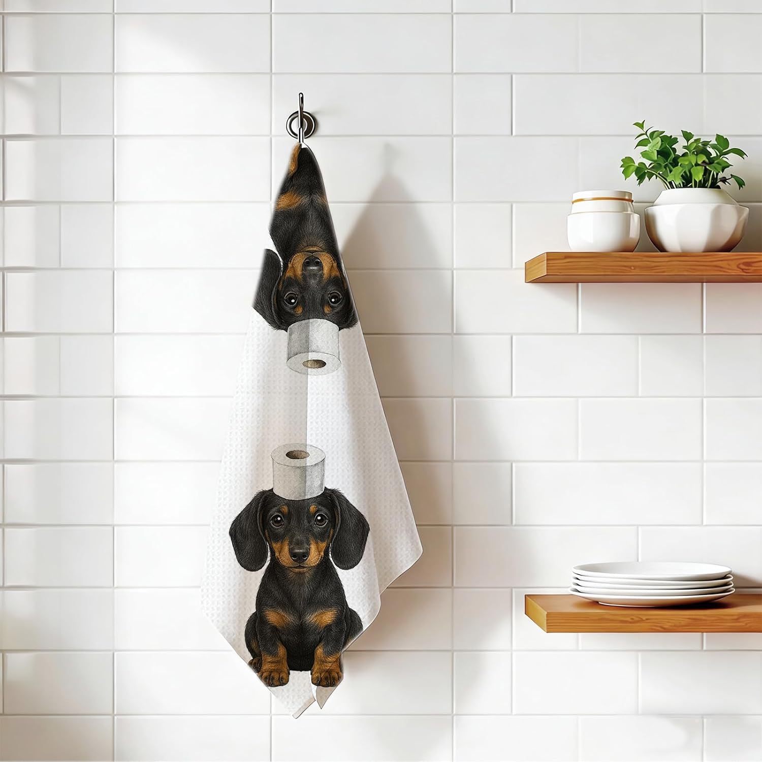 Dachshund Dog Kitchen Towels Set of 2 | Set of 2 16x24 in Dachshund towels with bath and toilet paper design for soft absorbent kitchen or bathroom decor.