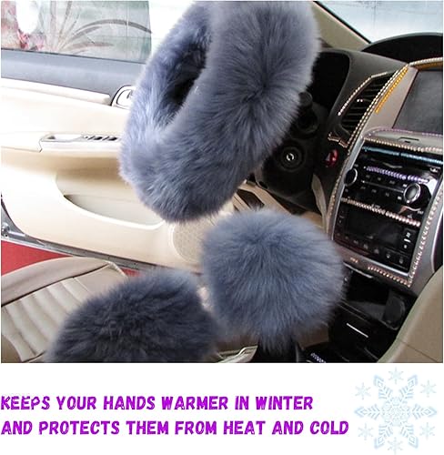 Miniatura 9 de Ziciner 3 fundas de lana para volante con funda mullida para freno de mano y funda para palanca de cambios, protector suave y esponjoso universal de