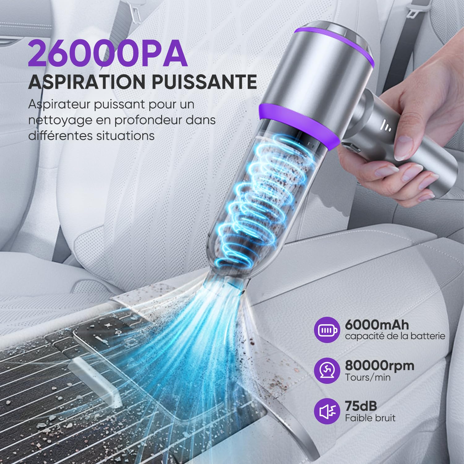 oGoDeal Aspirateur Voiture, 26000PA Aspirateur à Main Puissant sans Fil Portable, Mini Aspirateur de Voiture à 3 Niveaux Réglables avec 4 HEPA Filtre pour Voiture, Cuisine, Maison et Poils d'animaux