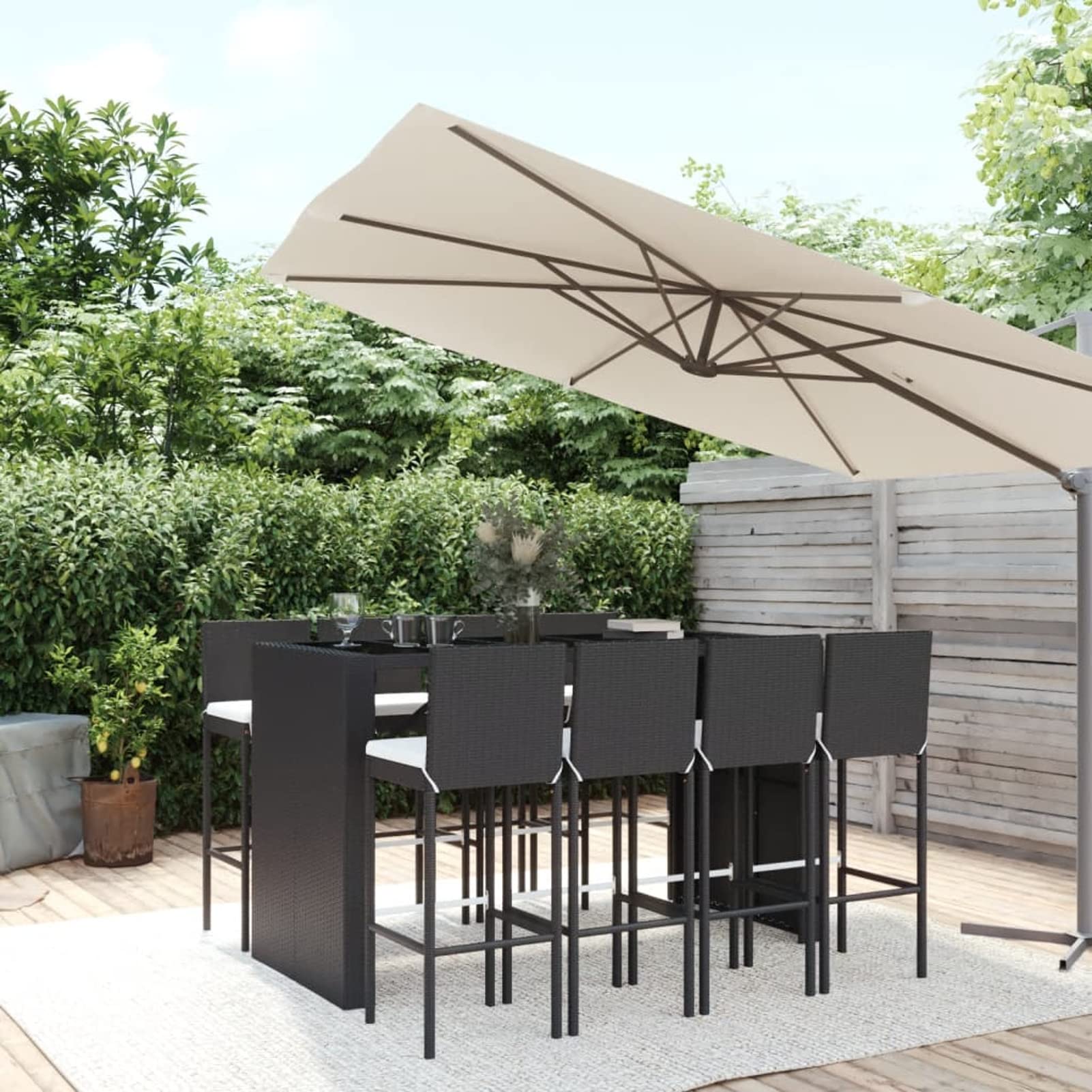 ZEYUAN Ensemble de Bar de Jardin 9 pcs avec Coussins Noir Poly rotin,Banc D'Extérieur,Banc Plastique Blanc,Mini en Plastique Jardin