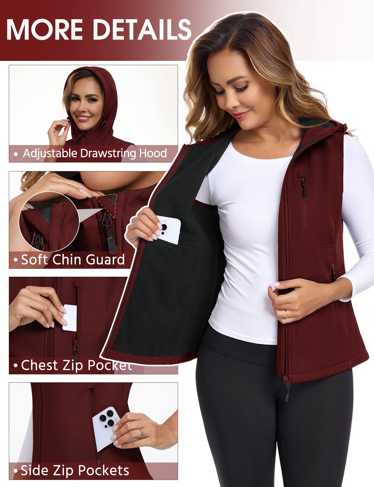 CMTOP Gilet Sans Manche Femme Imperméable Softshell Gilet Femme, Légère Extérieur Veste Sans Manche Décontracté Coupe-Vent Manteaux Sans Manche Gilets avec Capuche et Zippé Poches