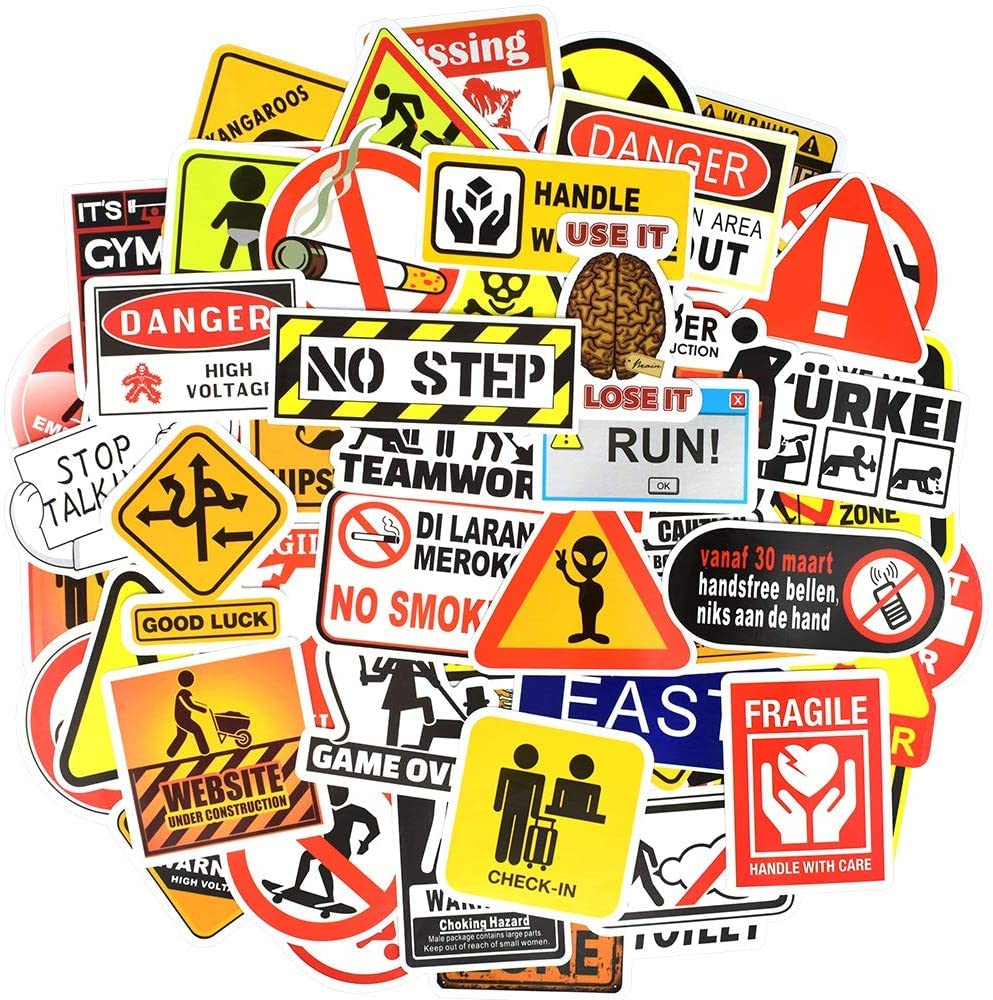 ColorMal 100-Pcs Vinyl Stickers Waterproof Funny Caution Warning Sign Graffiti Decals for Water Bottles Cars Motorcycle Skateboard Portable Luggages Phone Ipad Laptops (Warning Sign Style)