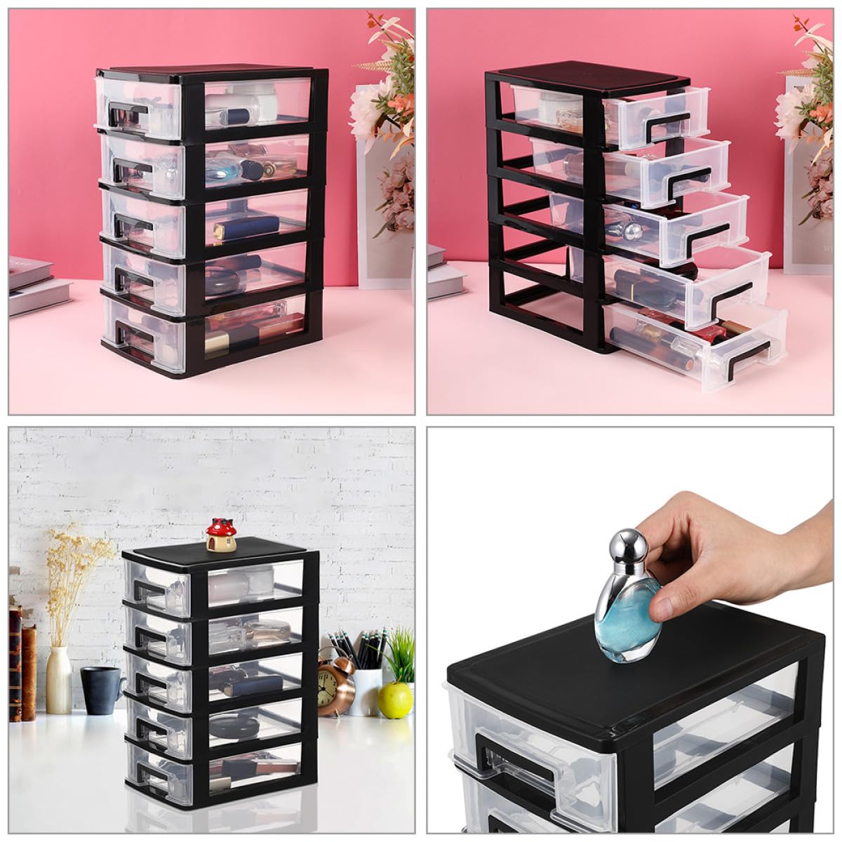 BESPORTBLE Cassettiera in Plastica Trasparente 5 Livelli 2 Pezzi, Cassetti Portaoggetti da Scrivania Multiuso per Ufficio, Organizer per Trucco e Bagno Ampia Capacità Salvaspazio
