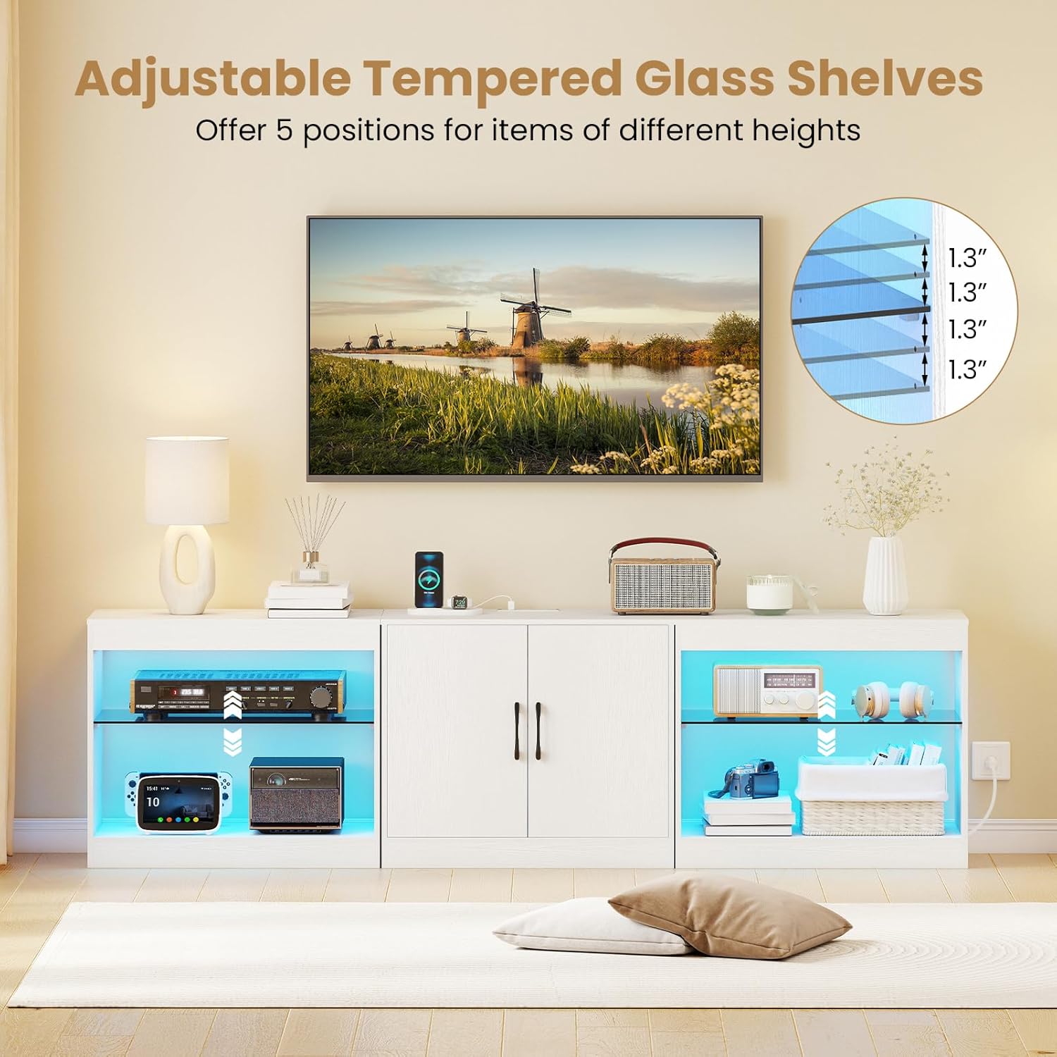 Tangkula LED TV Stand for TVs up to 85 Inches, Large Entertainment Center with Power Outlets, Remote Control, Adjustable Shelves & Cable Hole, Modern Media Console Table for Living Room (White, 77”L)