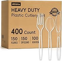 AOZITA 400 Count Heavy Duty Clear Plastic Cutlery Set: 150 Forks, 150 Spoons, 100 Knives - BPA-Free Disposable Utensils for Parties & Everyday Use