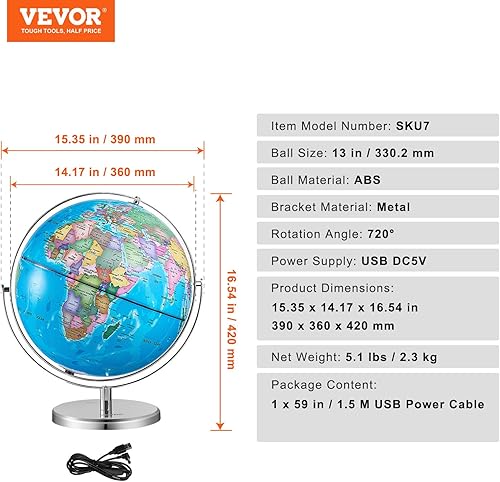 Miniatura 7 de VEVOR Globo terráqueo iluminado con soporte, 13 pulg/330.2 mm, globo terráqueo educativo con base estable de metal pesado, mapa impreso HD