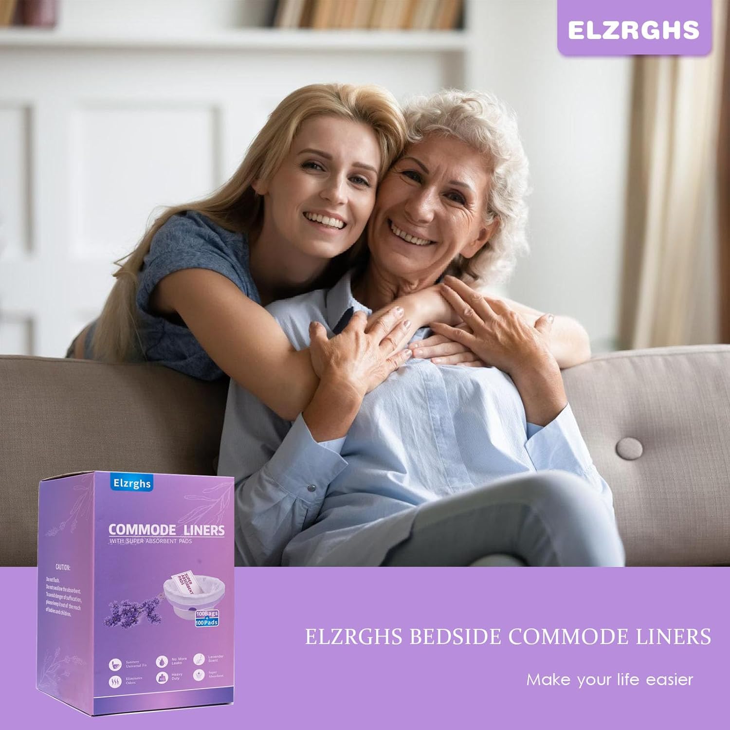 Elzrghs Commode Liners with Absorbent Pads for Bedside Commode, Commode Toilet,100 Lavender Scented Commode Bags Disposable and 100 Commode Pads