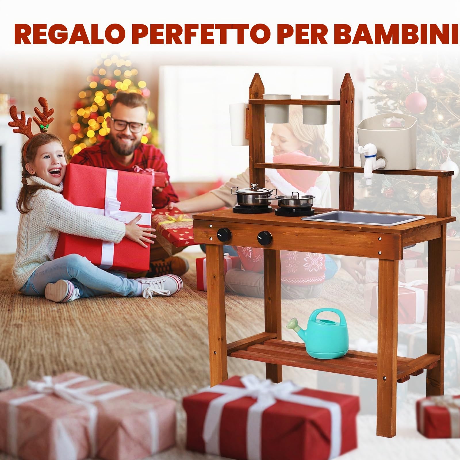 Cucina Giocattolo per Bambini in Legno,Cucina Completa con con Lavello Rimovibile,Rubinetto,Accessori da Cucina,Fornello- Set Montessori Cucina da Esterno per Bambini e Bambine dai 3 anni in su