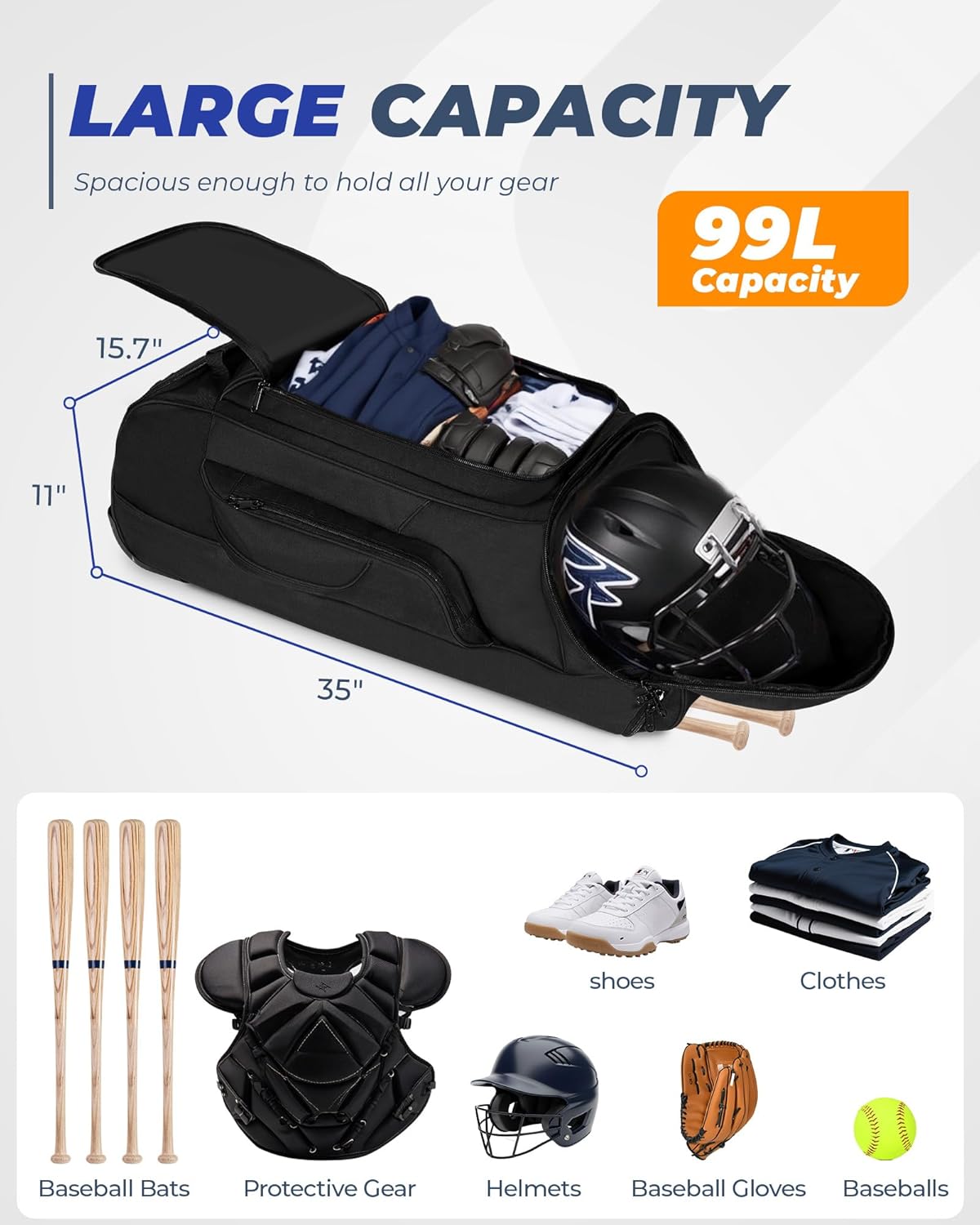 Catchers Gear Bag with Wheels, Rolling Baseball Softball Bag with 4 Bat Sleeves, Fence-Hooks, Separate Shoe Compartments and Multi-Pockets, Sturdy Back Base Plate