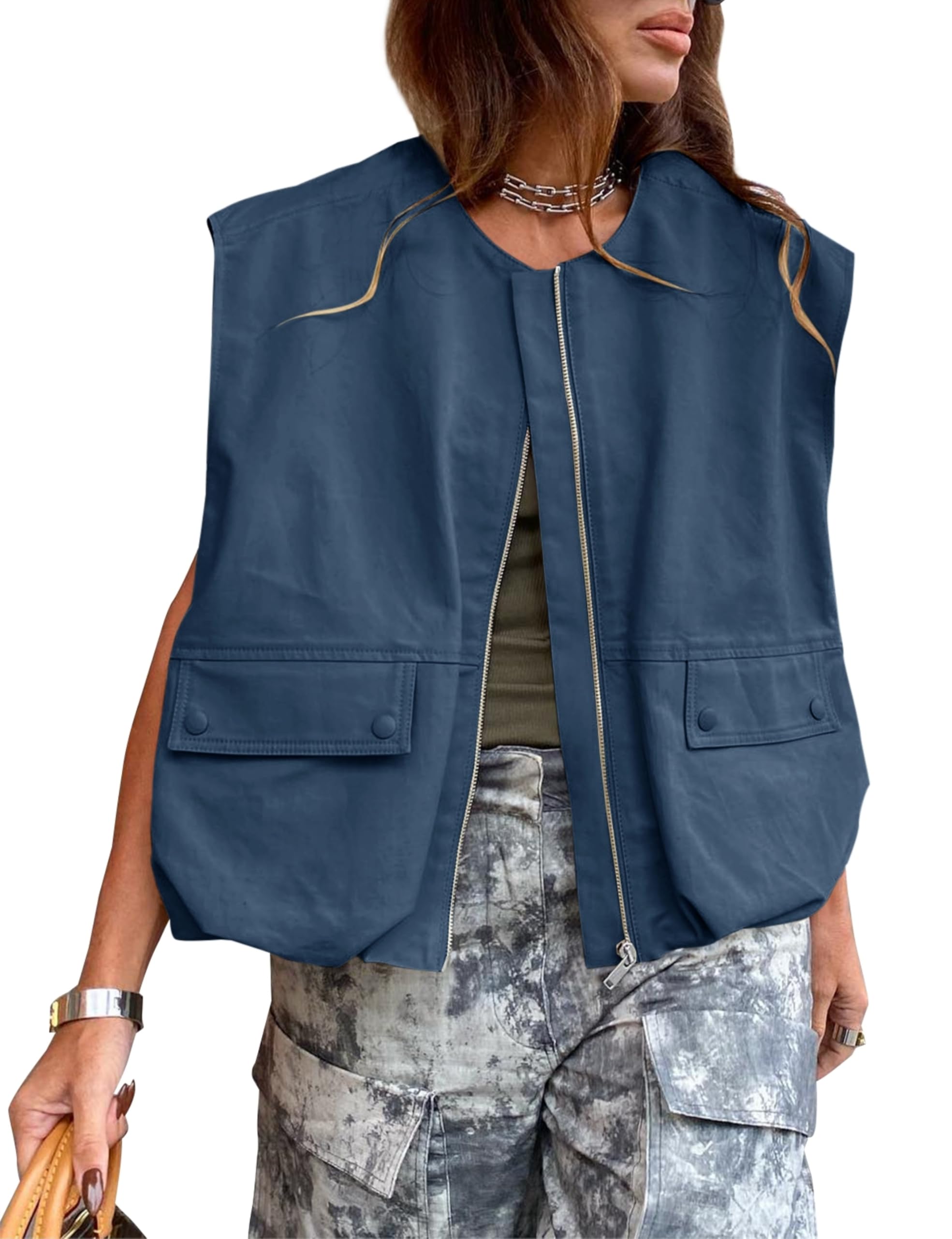 Womens Casual Zip Up Cargo Vest Top Oversized Lightweight Ruched Hem Sleeveless Blazer Jackets Vest Tops