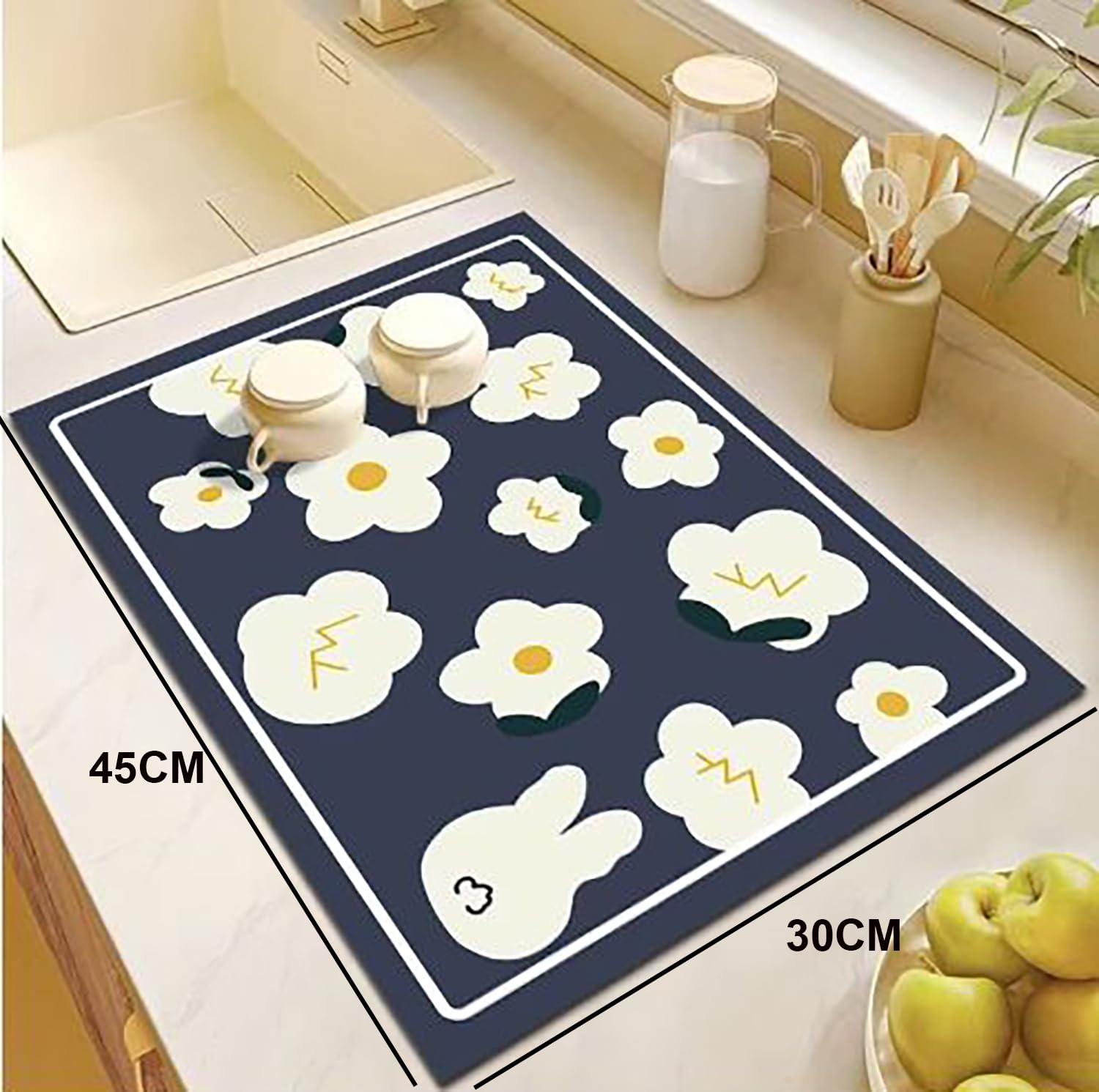 Cute Dish Drying Mat - Blue Flower Kitchen Mat -5