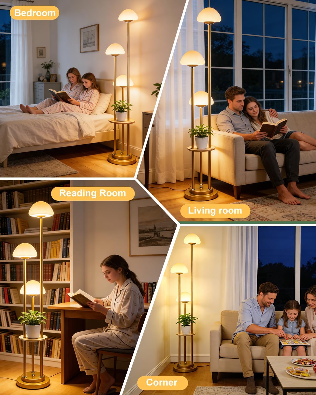 Lightdot Gold Dimmable Floor Lamp with Table, Modern Floor Lamps with Mushroom Shades & Bulbs, 3000K Warm Lights Tall Standing Lamp for Living Room/Bedroom/Office/Sofa Beside/Corner Decor