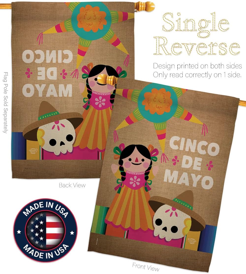 Cinco de Mayo Day House Flag - Summer Mexican Fiesta Party Cactus PinataOutdoor Summertime Sunny - Decoration Banner Small Garden Yard Gift Double-Sided Made in USA 28 X 40