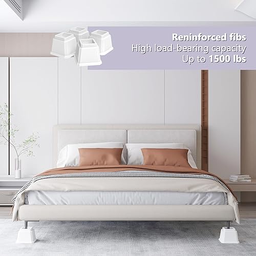 Miniatura 5 de Elevadores de cama de 4 pulgadas, resistentes, paquete de 4 elevadores de muebles de cama, elevadores de 1,500 libras para sofá y mesa, color blanco
