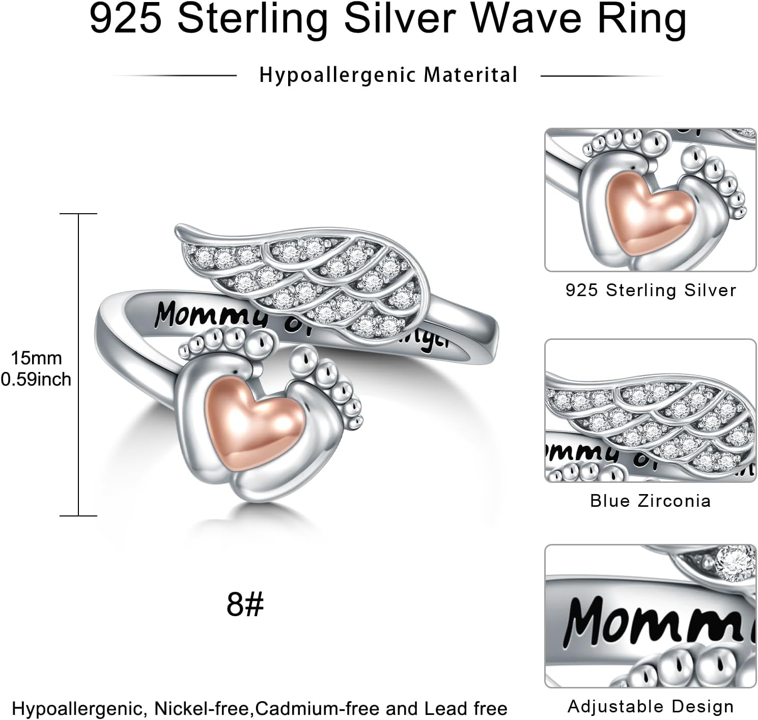 Miscarriage Gift for Mother 925 Sterling Silver Angel Rings Mommy of An Angel Memorial Sympathy Jewelry for Women Baby’s Footprints wing Rings