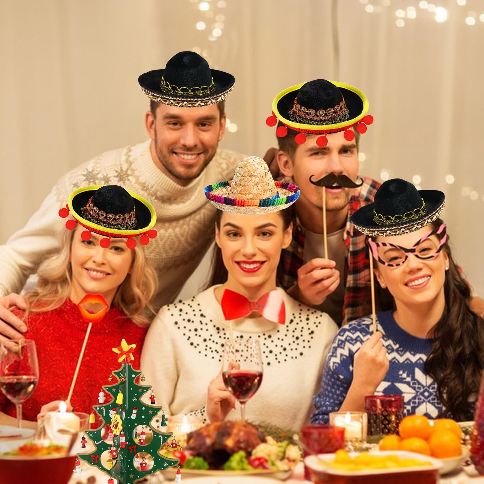 Set Di 6 Cappelli In Paglia Sombrero In Tessuto Per Feste Con Frange A Sfera, Con Fascia Per Capelli, Pet Cappello Di Paglia, A Tema Messicano Decorazioni E Bomboniere