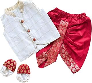 Picksparrow Baby Boy Shirt-Dhoti Pants-Booties (Cotton Silk, Checks) Price In India