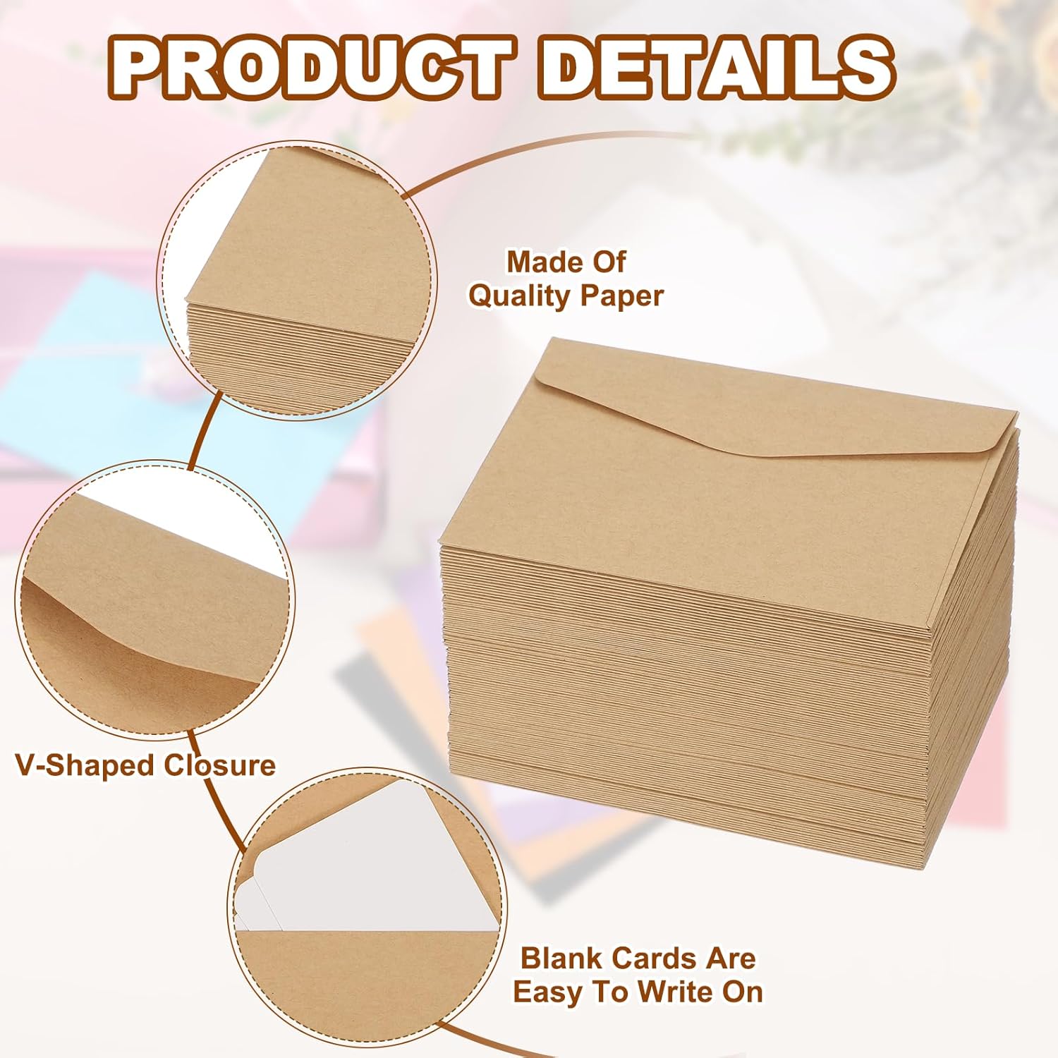 PATIKIL 200 Set Mini Envelopes with Blank Cards, 4.5x3.2" Blank Note Cards and Envelopes for Gift Wedding Invitation Graduation Holiday Thanksgiving Day Christmas, Cowhide
