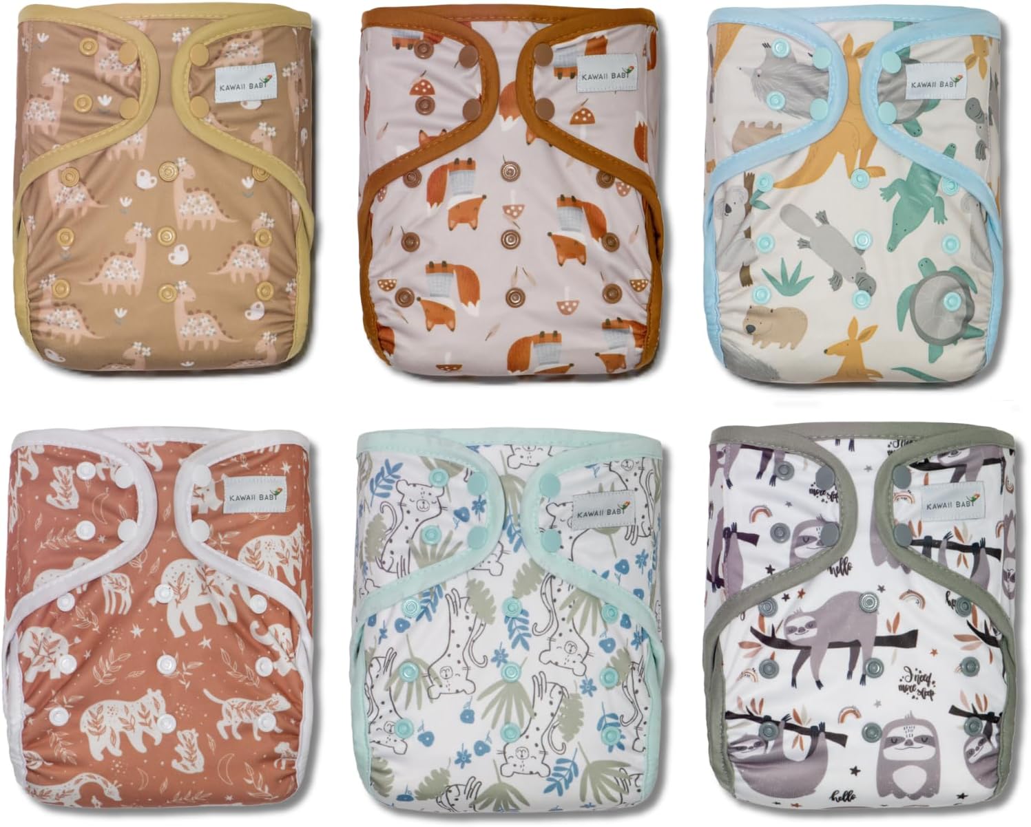 Kawaii Baby 6 Happy Leak-Free Cloth Diaper Covers, Double-Layer adjustable to fit babies 8-36 pounds, Animal Club