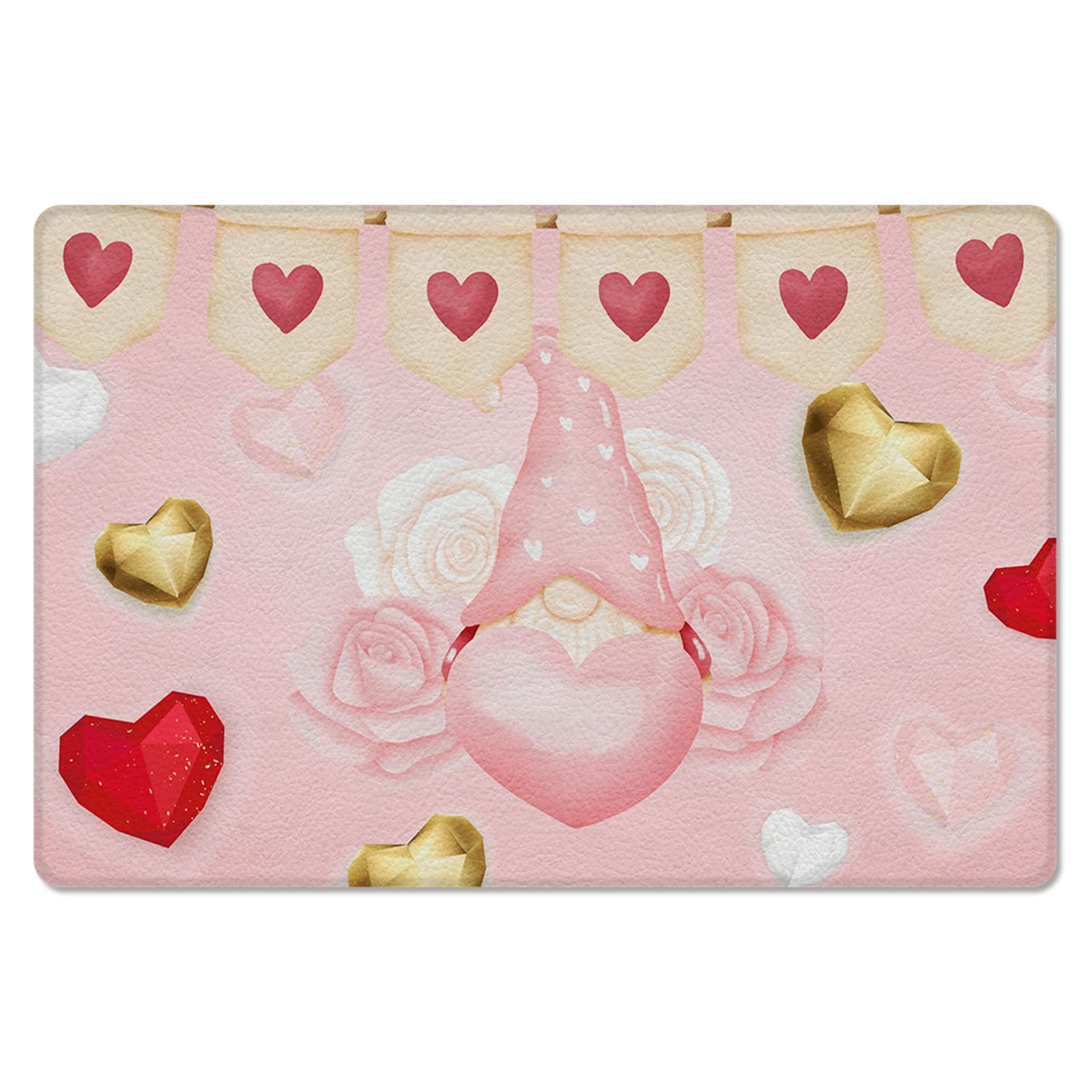 Valentine's Gnomes Kitchen Bath Door Mat Cushioned Runner Rug, Washable Welcome Floor Sink Antifatigue Mat, Waterproof & Non-Slip Comfort Standing Doormat for Kitchen,Gold Red Love Pink Rose 18