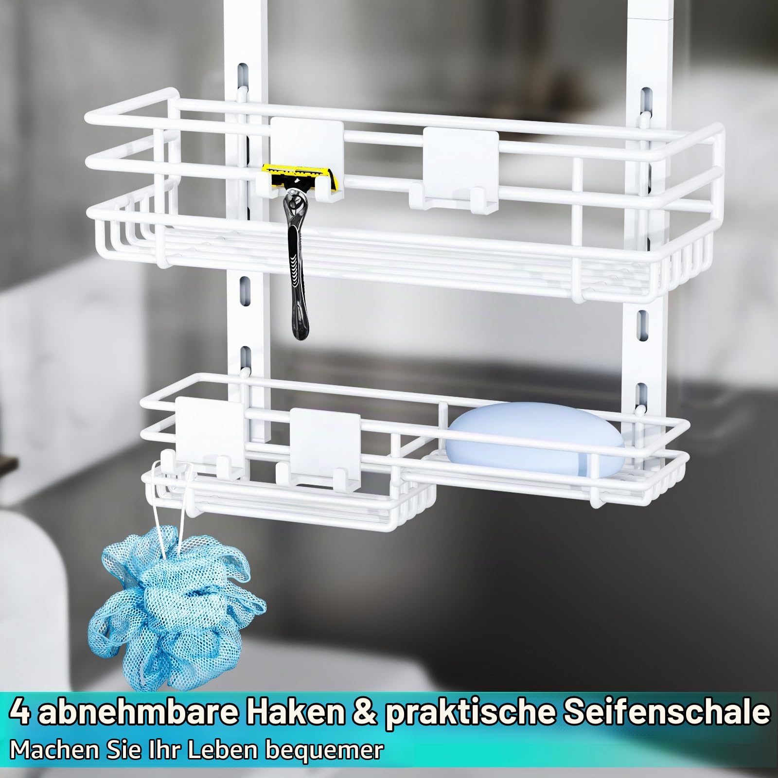 HapiRm Duschablage zum Hängen Edelstahl - mit 5 verstellbaren Körben | Duschregal zum Hängen mit Zahnbürstenhaltern und Haken für Badezimmer Organizer, Ohne Bohren Installation Dusch Hängeregal