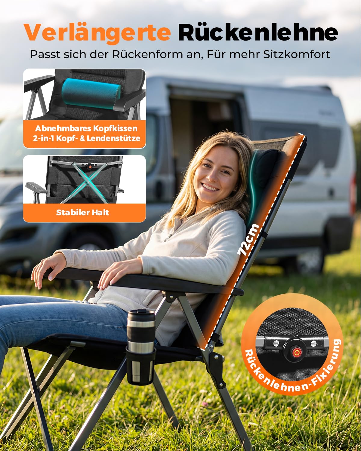 Homecall Krzesło kempingowe, składane, obciążenie 150 kg, z wysokim oparciem, luksusowe krzesło kempingowe z 4 pozycjami, regulowane o grubości 4,5 cm, tapicerowane krzesło wędkarskie (krzesło i