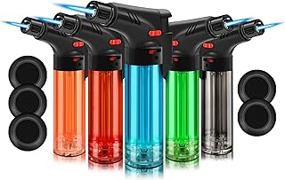 5 Pack of Torch Lighter, Powerful Windproof Jet Flame, Butane Gas Refillable Lighters with Safety Lock, Mini Blow Torch for Candle, Firework (NO Gas)