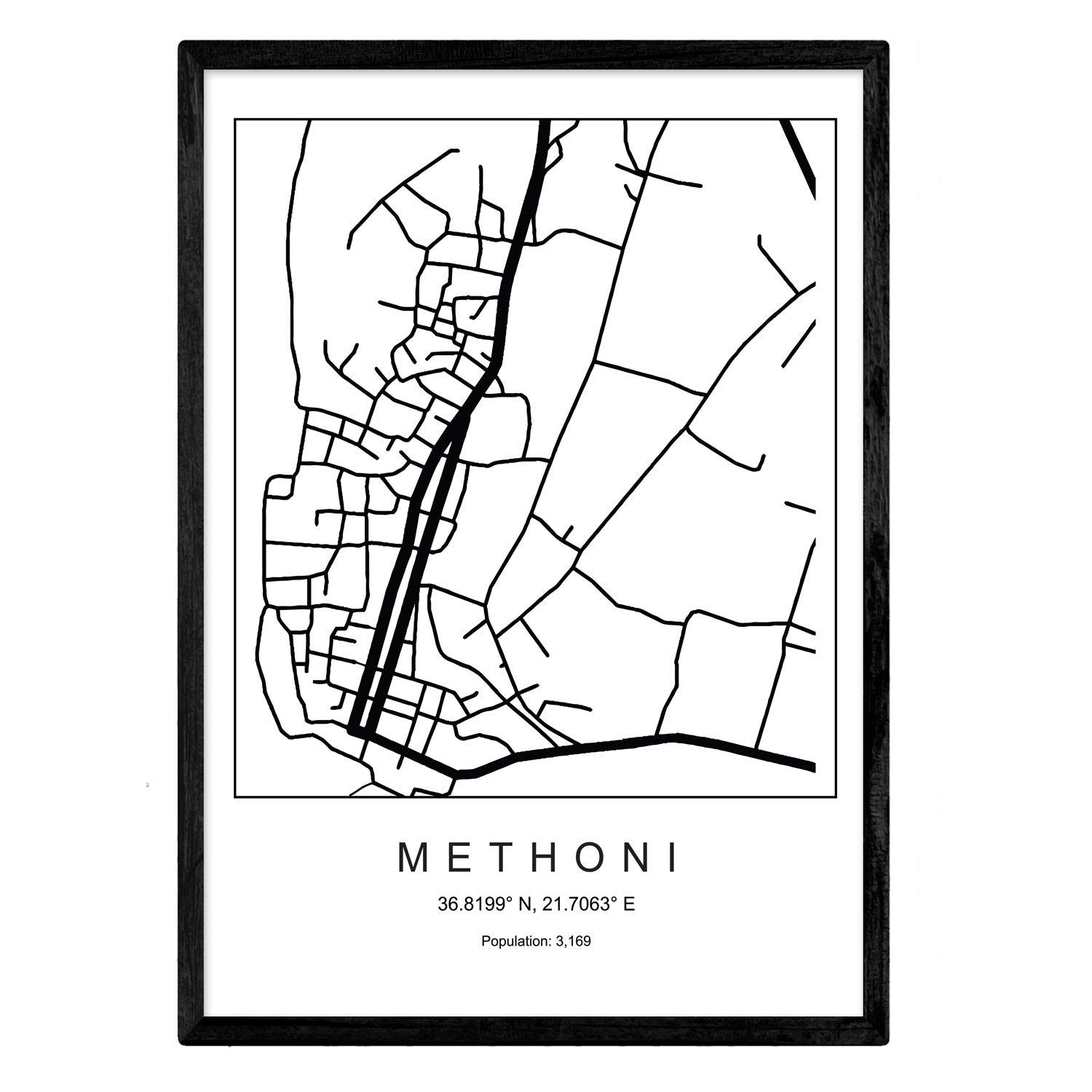 Nacnic Map of the city map Methoni Nordic style in black and white. Poster A4 Framed with black frame Printed paper 250 gr. Pictures, sheets and posters for Salon and Bedroom โ image 1