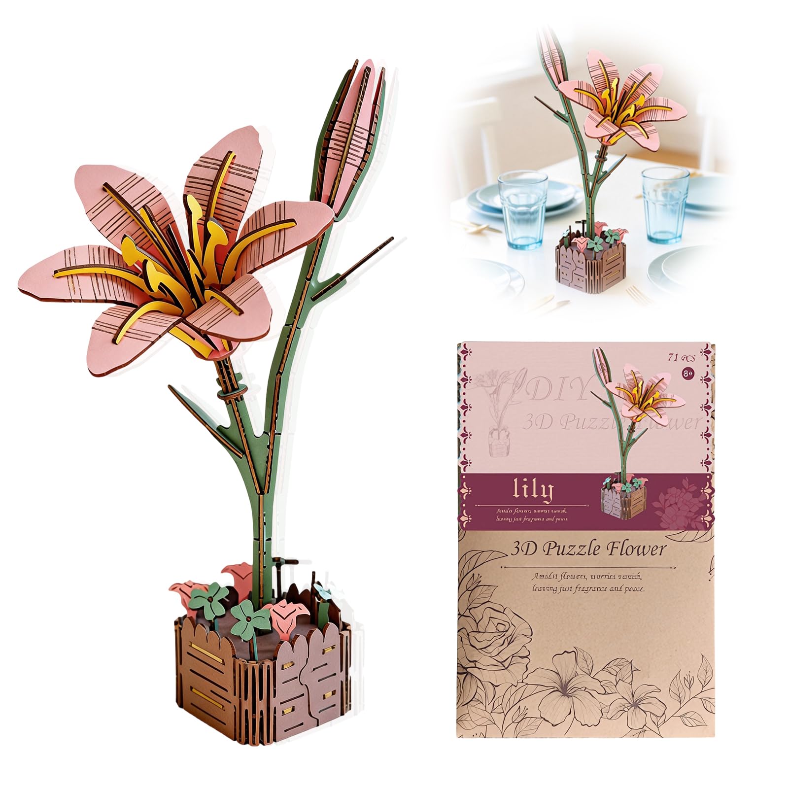 Nify Lily Flowers 3D Puzzle Wooden Flowers Model Kit, 71-Piece 3D Wooden Puzzles for Adults, Decorative 3D Jigsaw Puzzles for Adults for Desk Shelf Home Display, No Glue Needed, 20 cm Tall