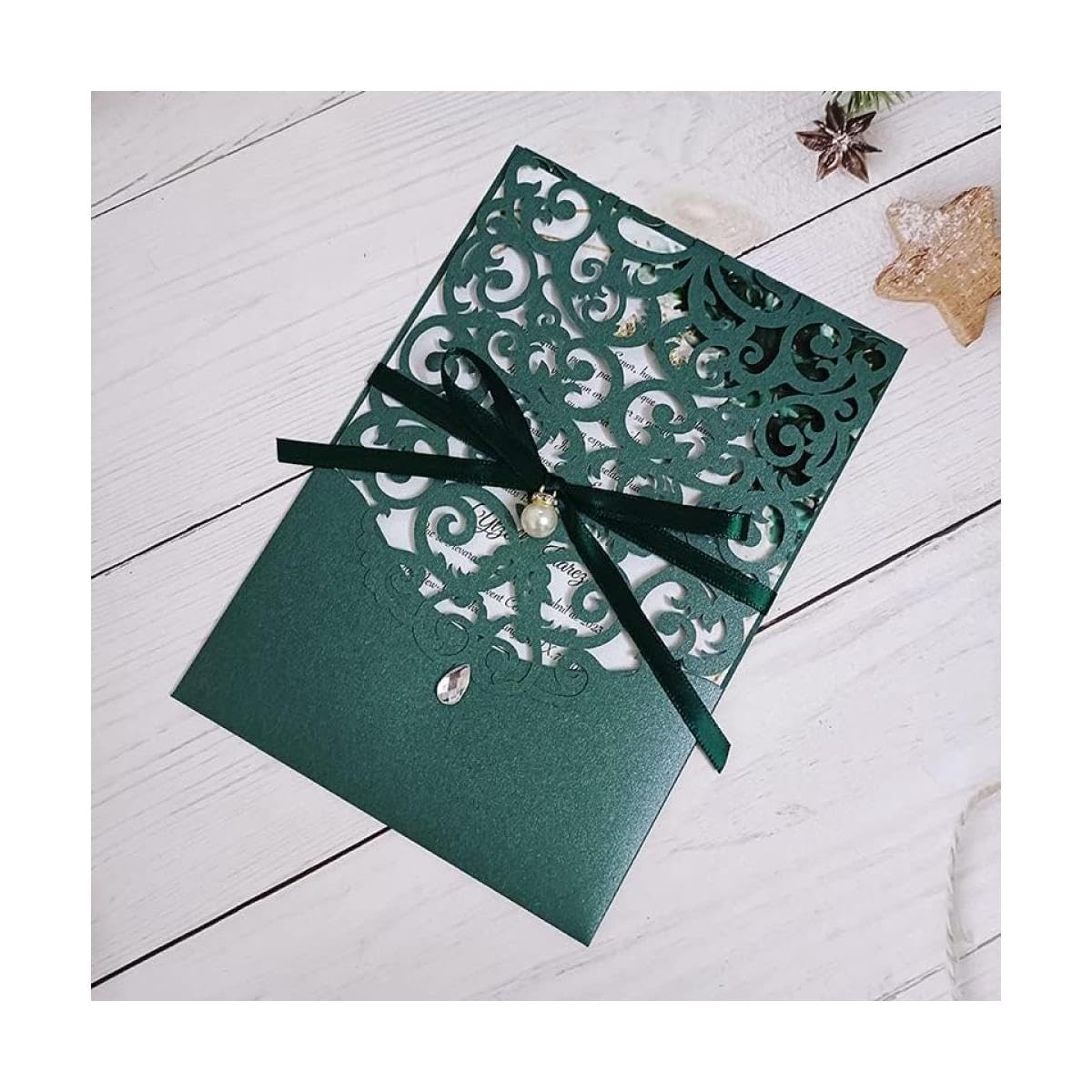 50 Set Scheda di invito Verde Tasca Smeraldo con Perla e Busta Fai -da -Te Stampa Personalizzata Taglio Glossy Dolce 15 inviti (Set Intero)
