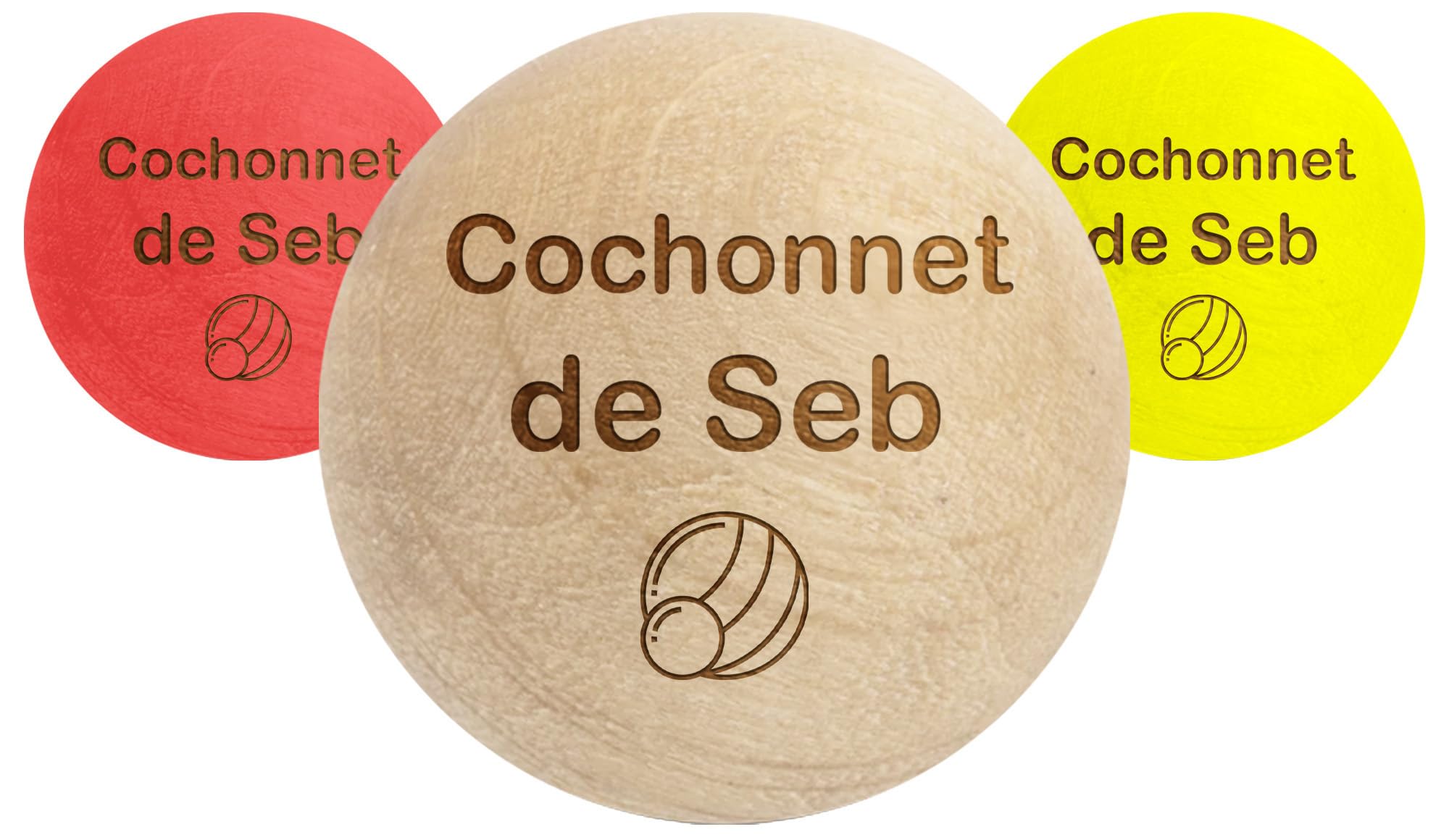 KDO MAGIC Cochonnet personnalisé - Lot de 3 cochonnets Personnalisables - Pochon Offert - Cochonnet pétanque à Graver avec Un Texte - 3 Couleurs - Cadeau Noël, Anniversaire, Retraite
