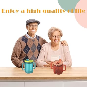 Spill Proof Sippy Cups for Seniors & Adults -10.2oz(300ml) Non-Spill Cups with 2 Handles & Straw Lid, Elderly Drinking Cups for Patients, Disabled, Pregnant Women, Dishwasher Safe (Orange)