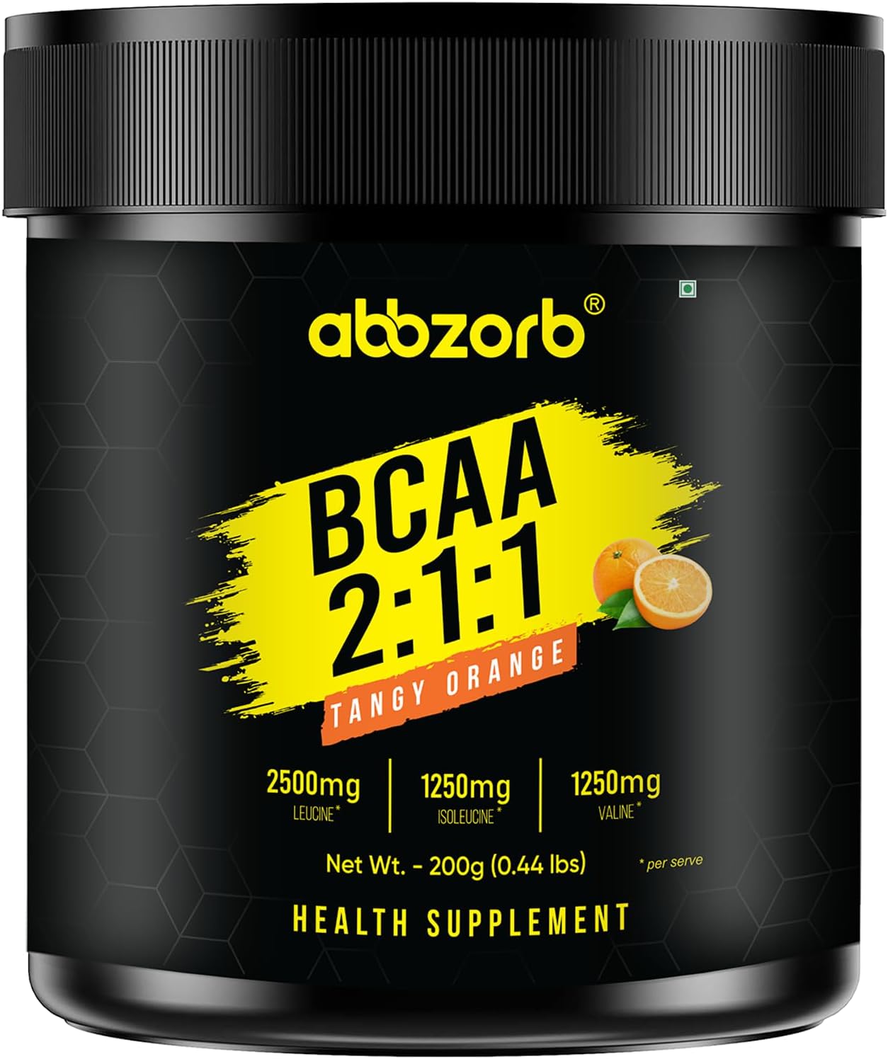 Abbzorb BCAA 2:1:1 Supplement for Men and Women, Tangy Orange - 200g (25 Servings)| 8g BCAA, 3000mg Leucine, 1500mg Isoleucine, 1500mg Valine per serve for Muscle Recovery and Endurance