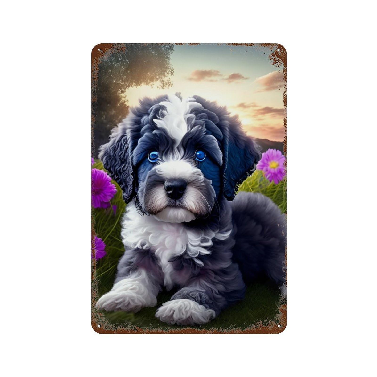 Fluffy Puppy in Flowers Decorative Tin Sign 11.8"x7.9", Industrial Home Decor for Garage, Pub Or Kitchen