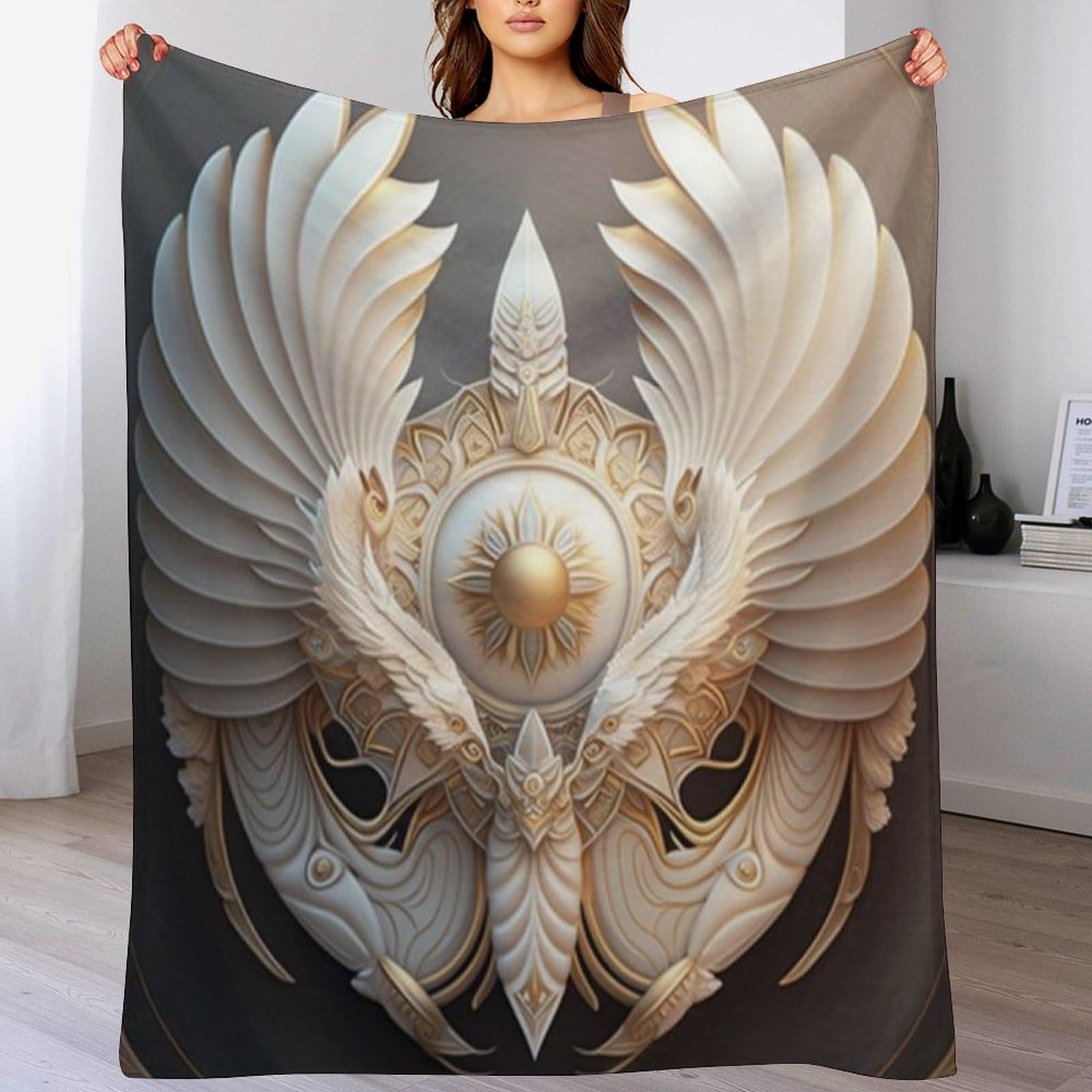 Manta de franela de plumas blancas para combatir el frio en el sofa del hogar