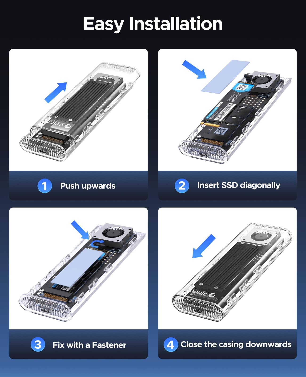 ORICO Obudowa NVMe SSD 40 Gbps z wentylatorem, beznarzędziowa obudowa M.2 SSD do Thunderbolt 4/3 USB 3.2/3.1/3.0, przezroczysty adapter M2 obsługuje M-Key SSD 2230/2242/2260/2280, TCM2-U4-BK